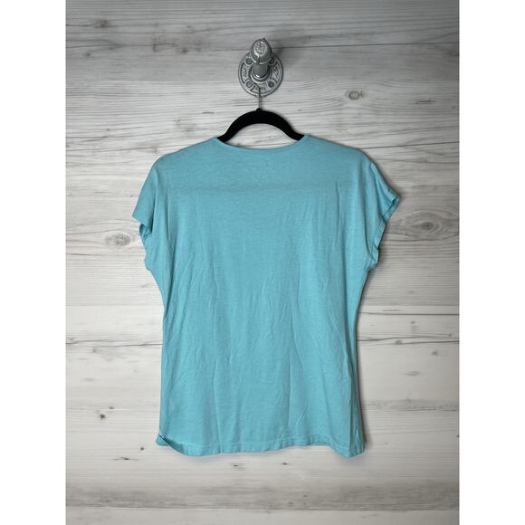 Chico's Shirt Womens Medium Aqua Blue Lace Crochet V-Neck Short Sleeve Modal - Picture 10 of 10
